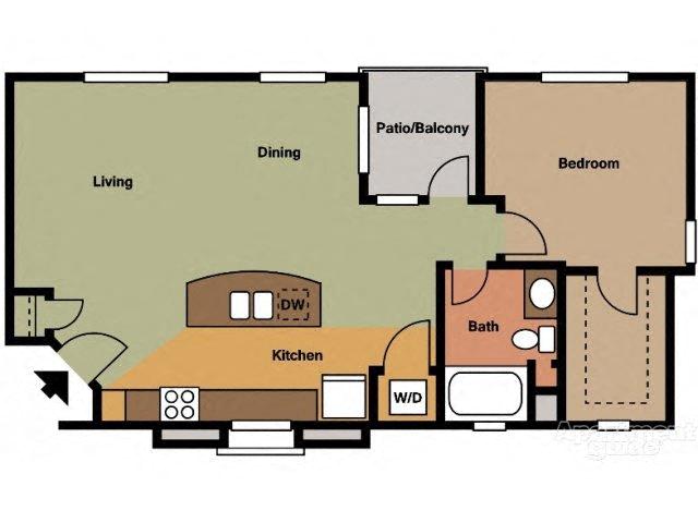 Floor plan for 1 bed, 1 bath, 791 sqft